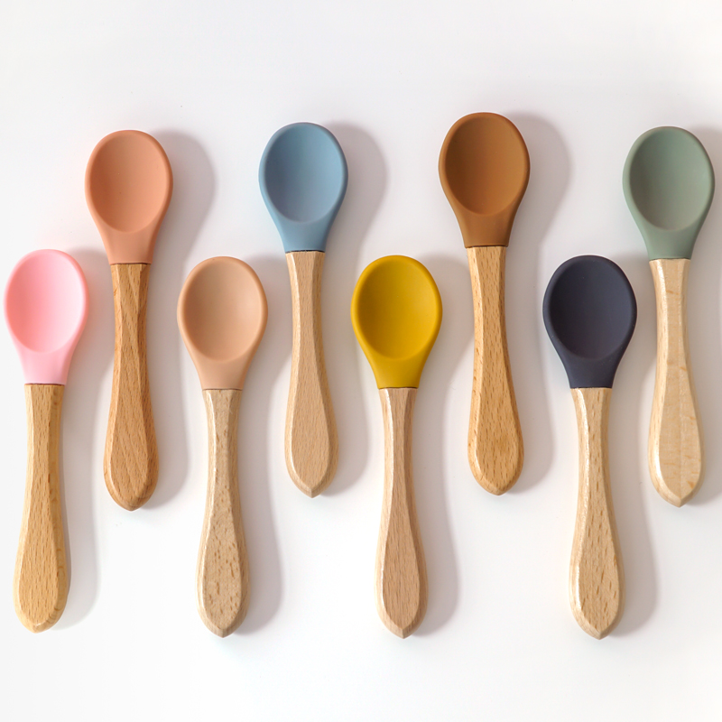 Baby Food Bites - Feeding Wooden Handle Silicone Spoon For
